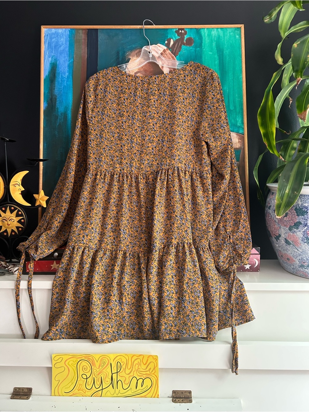 Wild Fable Mustard Floral Tiered Midi Dress Women’s Medium Boho Cottagecore - Picture 10 of 16